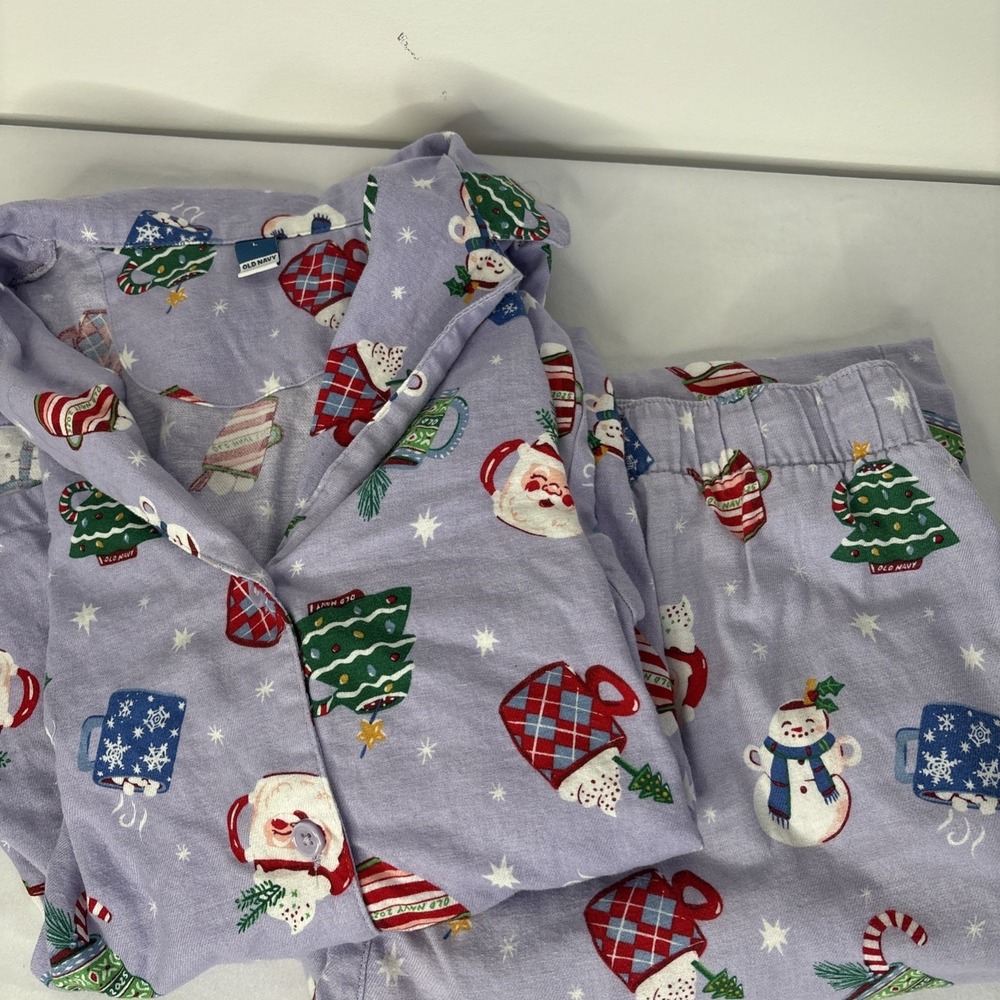 Old Navy Womens Flannel Pajamas Set Size Large Purple Christmas Santa Snowman